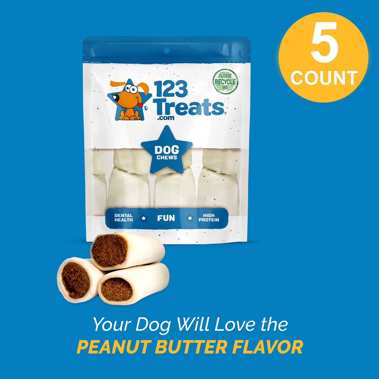 Stuffed Shin BONES for dogs 3 - 4 inches with Peanut Butter Flavor 5 or 10 Count