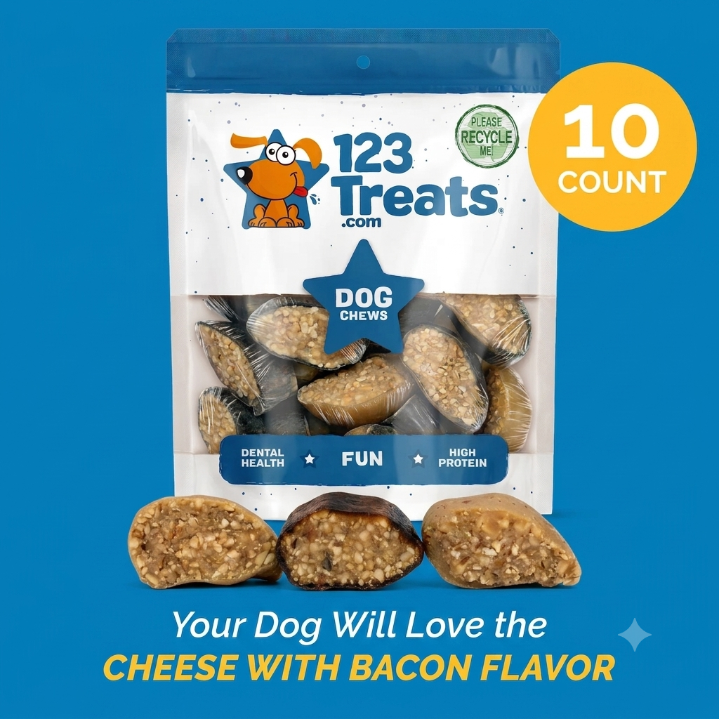 CHEESE FILLED COW HOOVES with Bacon flavor 3 or 10 Count | 100% Natural Dog Dental Treats | Beef Hoof From 123 Treats