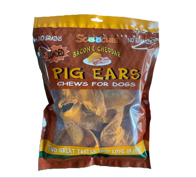 Scoochie Pet Pig Ears Dog chew Bacon and Cheese Flavor 10 or 100 Count | with Real Cheddar Cheese