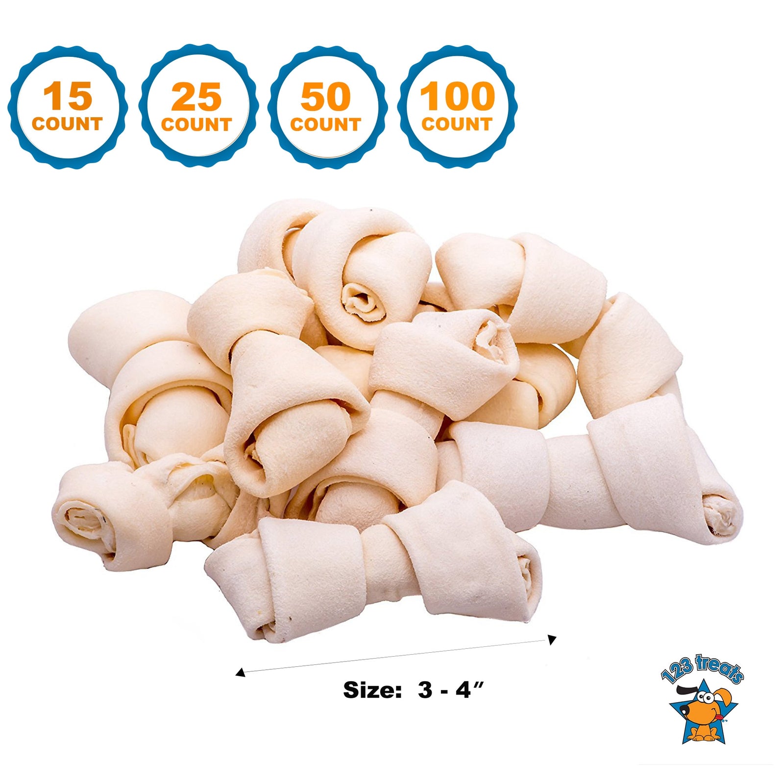 3-4" inches Rawhide Bones Chews | Premium Rawhide Dog Chews (15, 25, 50 or 100 Count)