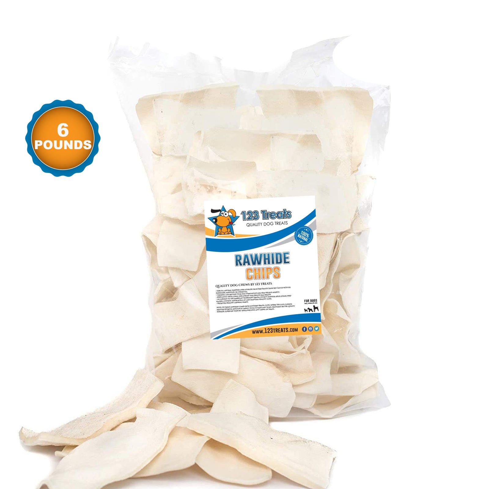 Natural Rawhide Chews for Dogs (1,2, 3, 6 and 11 Lbs) Beef Hide Chips by 123 Treats