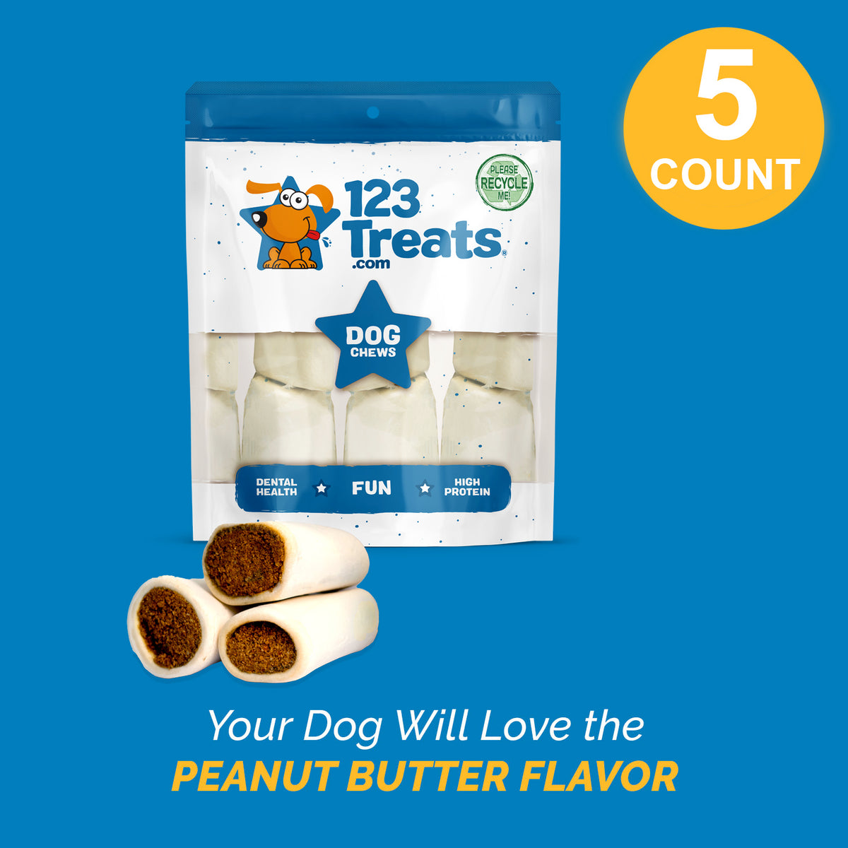 Stuffed Shin BONES for dogs 3 - 4 inches with Peanut Butter Flavor 5 or 10 Count