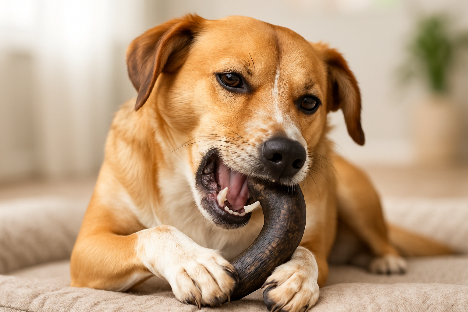 Dog chewing buffalo horns