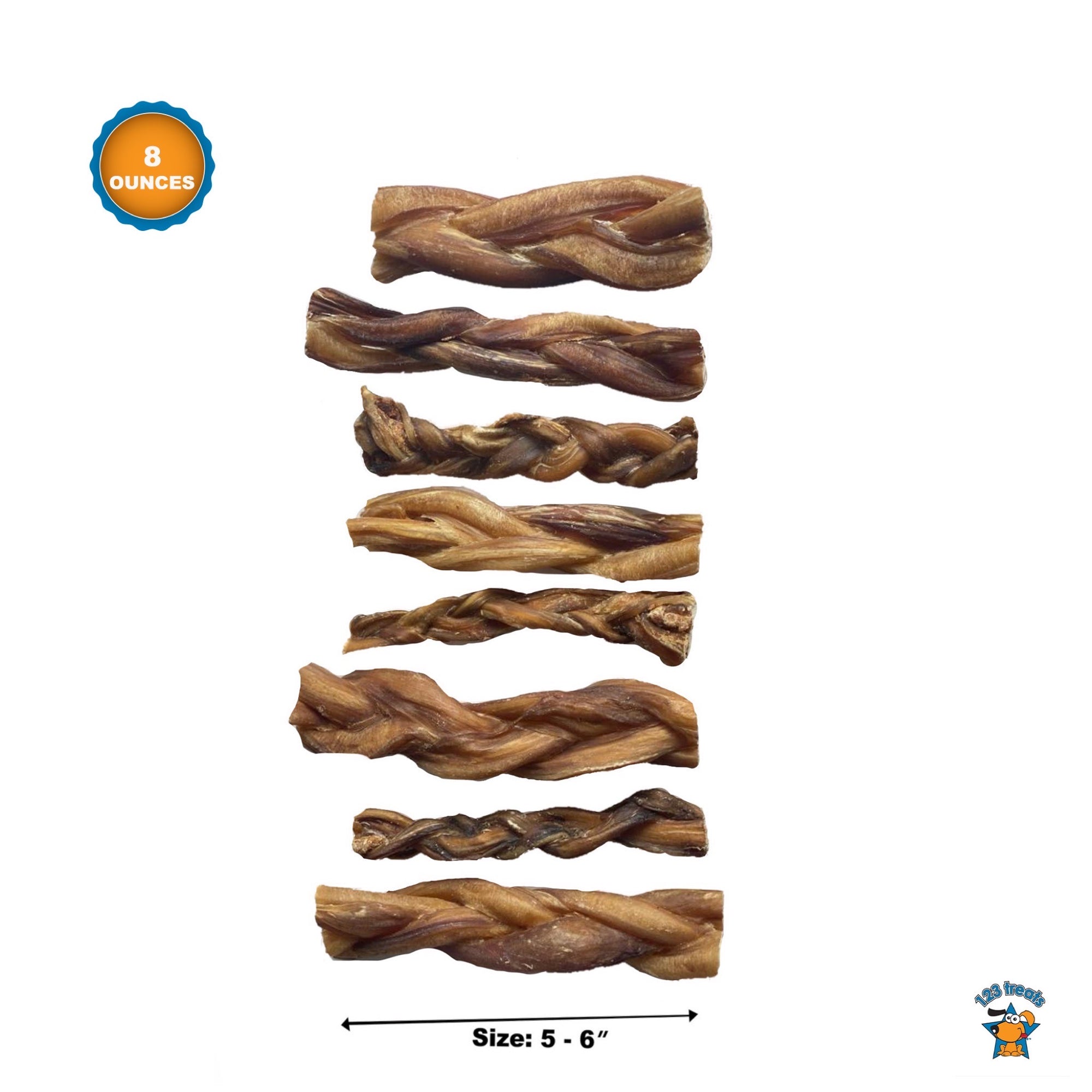 Braided Bully Sticks 5-6 inches chews for dogs (8 ounce bag) all Natural Beef chews