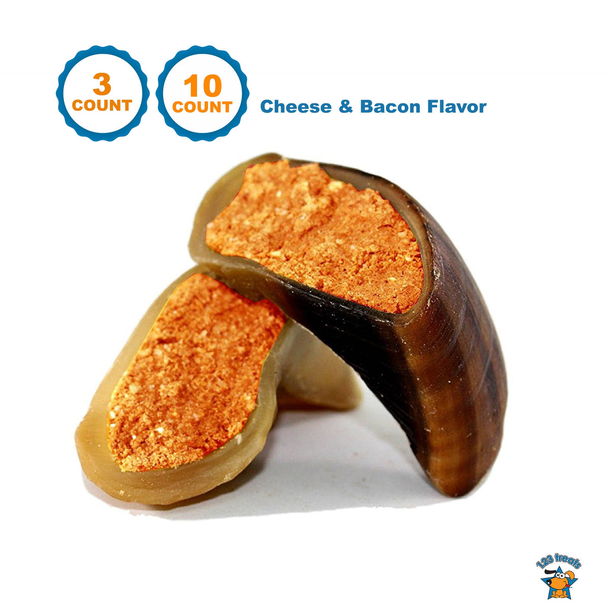 CHEESE FILLED COW HOOVES with Bacon flavor 3 or 10 Count | 100% Natural Dog Dental Treats | Beef Hoof From 123 Treats
