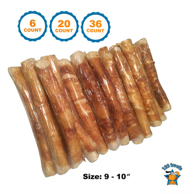 Rawhide with Chicken Retriever Roll 9"-10" Delicious Dog Stick Chews - All-Natural Grass-Fed Free-Range Dog Chews   6, 20 or 36 Count | 123 Treats
